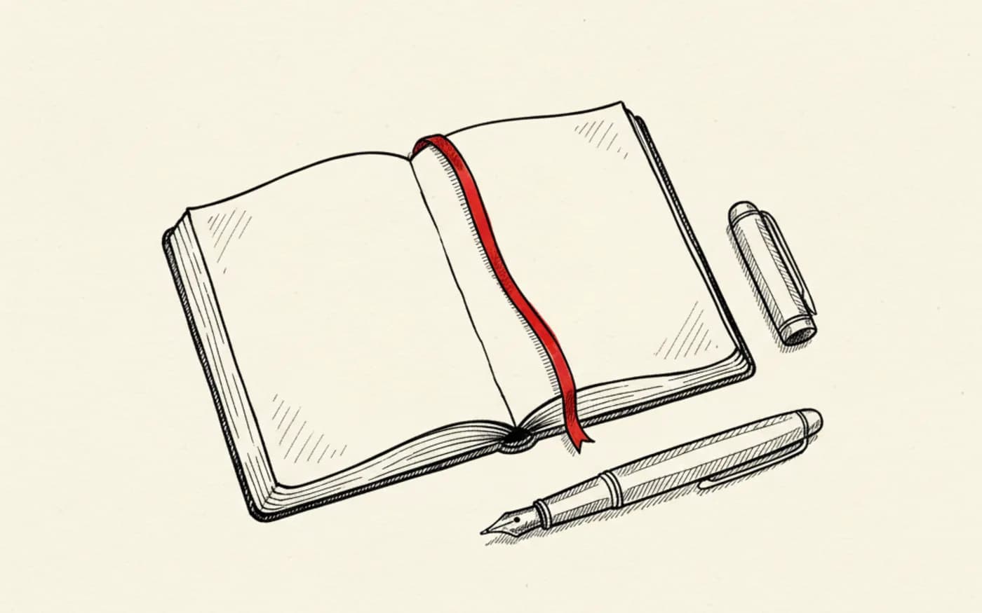 Illustration: a hand-drawn open appointment diary with a signal-red ribbon page marker beside a pen, in black ink on warm off-white paper.
