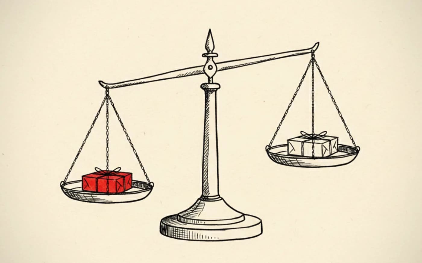 Illustration: a hand-drawn balance scale in black ink weighing two wrapped parcels, one filled in signal red, on warm off-white paper.