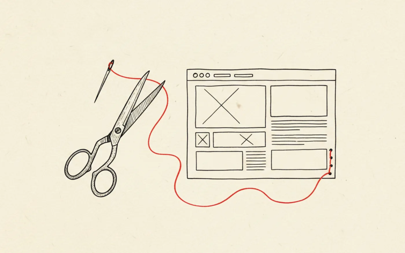 Illustration: hand-drawn fabric scissors and a sewing needle beside a sketched website wireframe, joined by a single red thread stitched into the page.