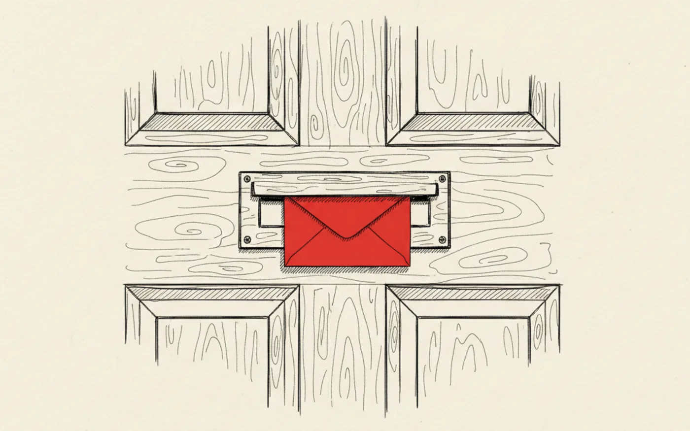 Illustration: a hand-drawn front-door letterbox with a single signal-red envelope being posted through, ink on paper.
