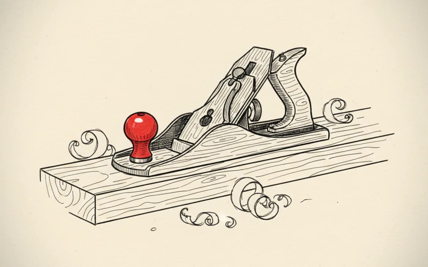 Illustration: a hand-drawn woodworking plane with a signal-red front knob resting on timber, surrounded by ink-sketched curled wood shavings.