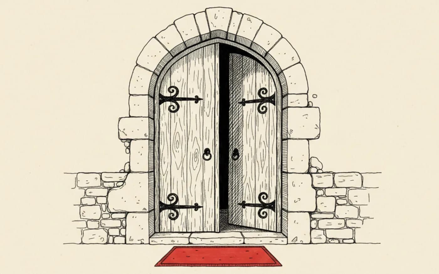 Illustration: a hand-drawn arched chapel door standing slightly open with a signal-red doormat on the step, in black ink on warm off-white paper.