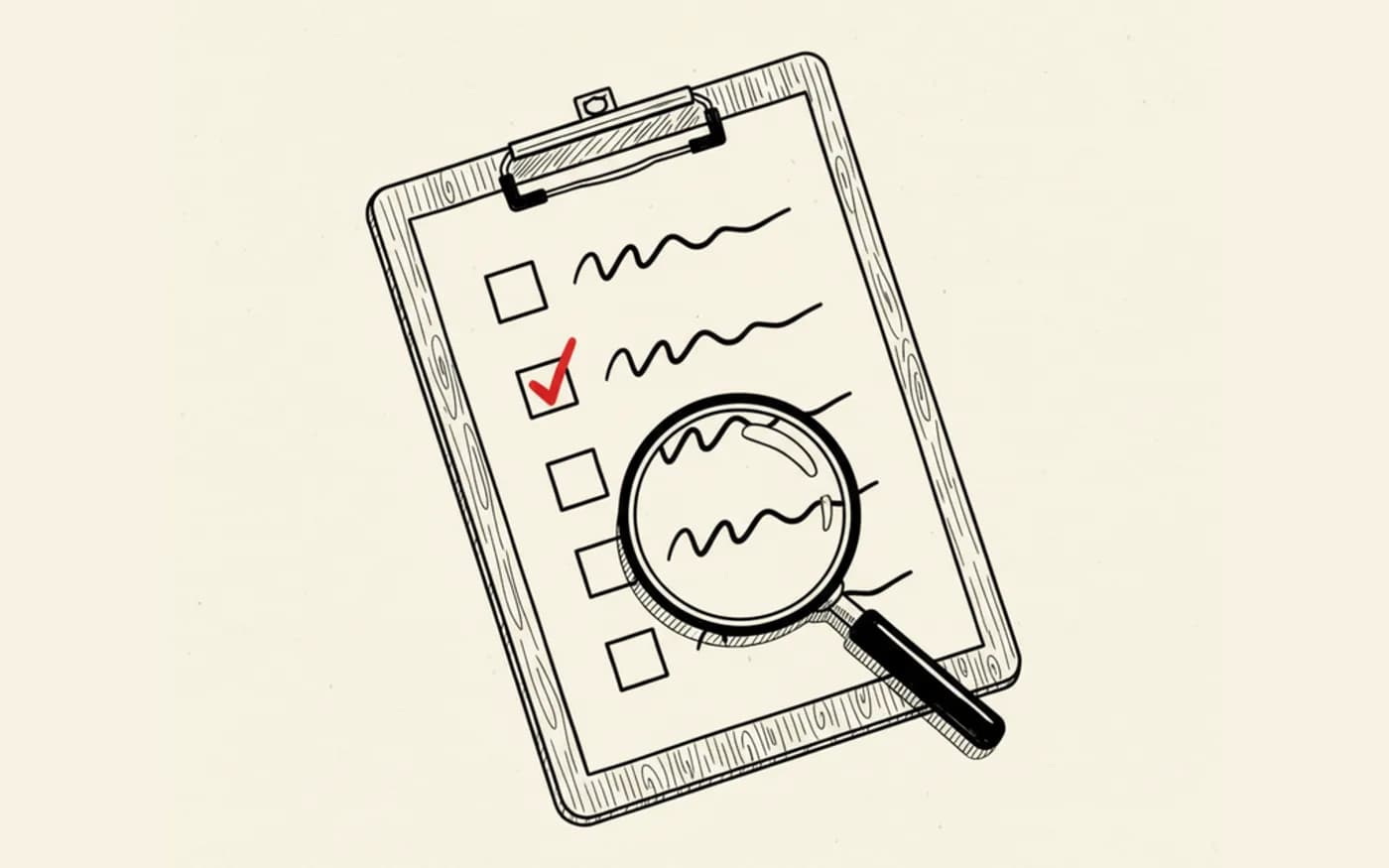 Illustration: a hand-drawn clipboard checklist with one signal-red tick and a magnifying glass resting across it, in black ink on warm off-white paper.