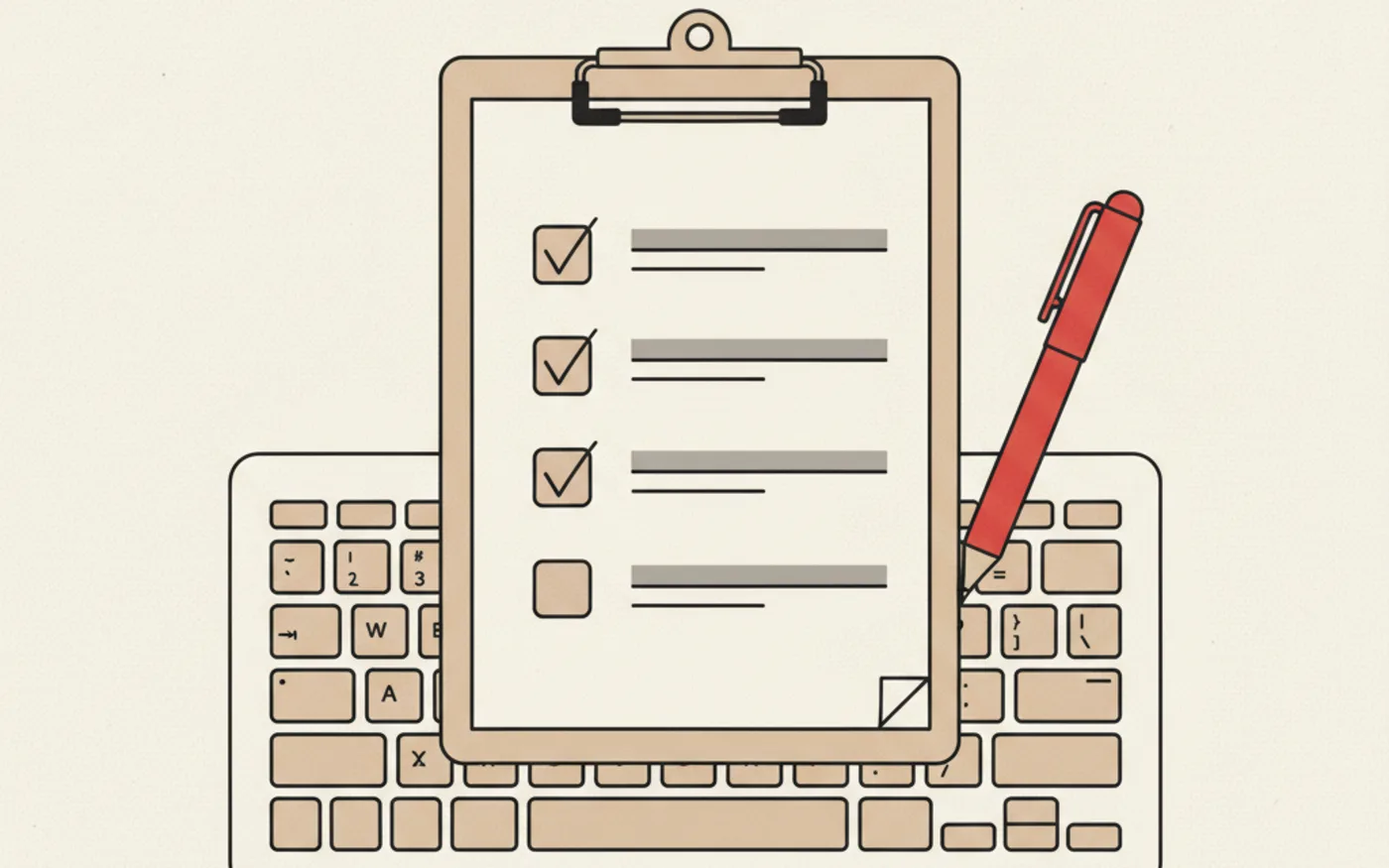 Illustration: a clipboard with a page of ticked checkboxes resting on a laptop keyboard beside a red pen.
