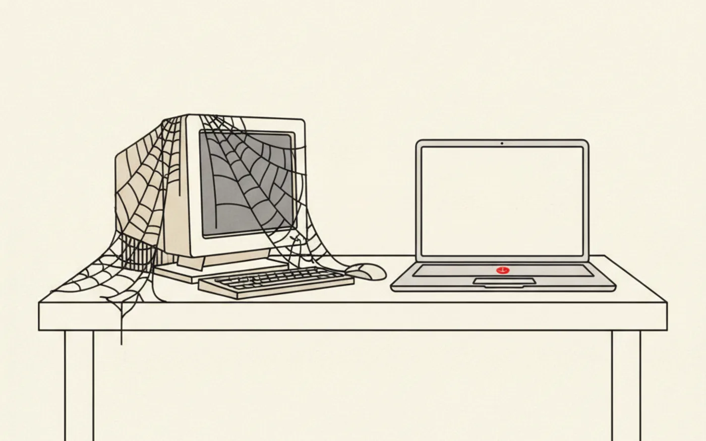 Illustration: an old cobweb-covered desktop computer beside a slim modern laptop on a clean desk.