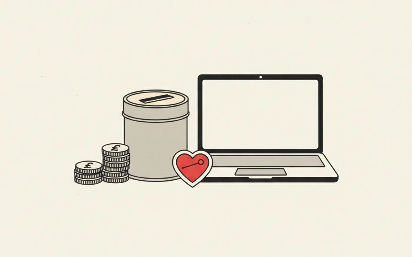 Illustration: a collection tin, stacked pound coins and a heart-shaped badge beside an open laptop.