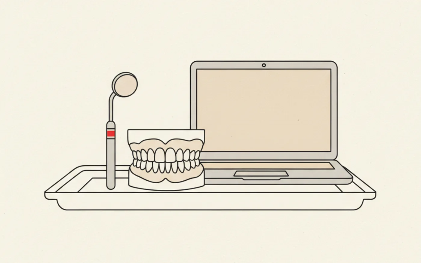 Illustration: a dental mirror and a plaster cast of teeth beside an open laptop on a clinic tray.
