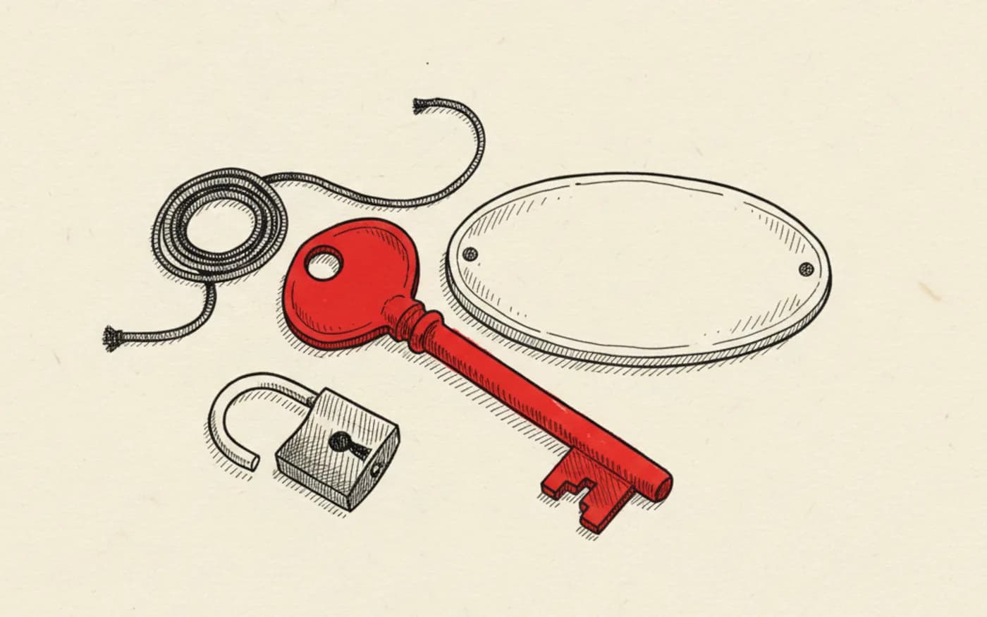 Illustration: a hand-drawn signal-red key resting beside an ink-sketched house-number style address plate on paper.