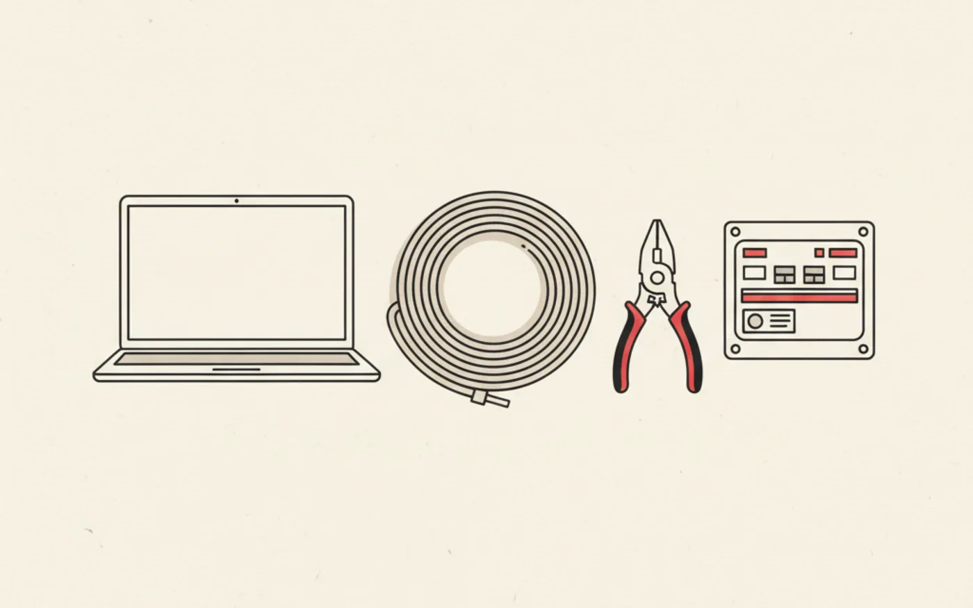 Illustration: a coiled electrical cable, wire strippers and a consumer unit arranged beside an open laptop.