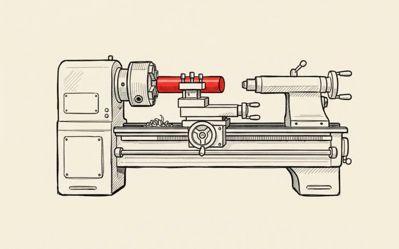 Illustration: a hand-drawn industrial metal lathe turning a signal-red workpiece, in black ink on warm off-white paper.