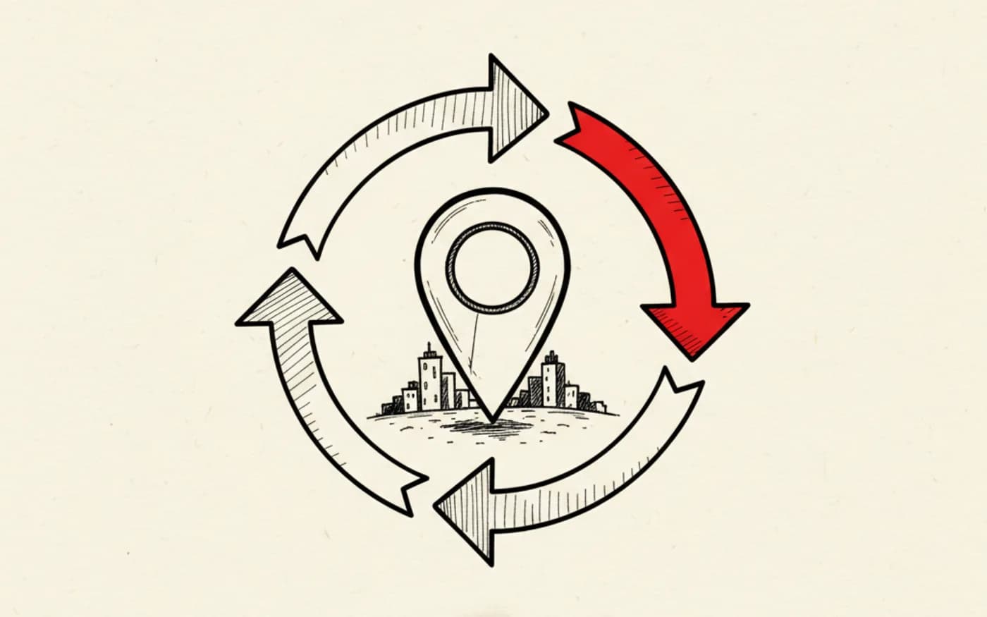 Illustration: a hand-drawn map pin at the centre of an ink-sketched circular loop of arrows, one arrow segment filled signal red.
