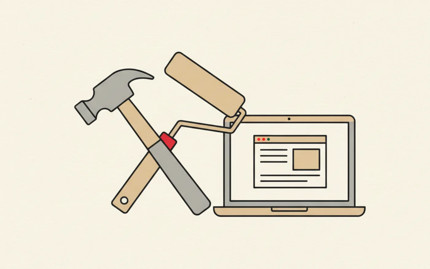 Illustration: a claw hammer and a paint roller crossed beside a laptop showing a website wireframe.
