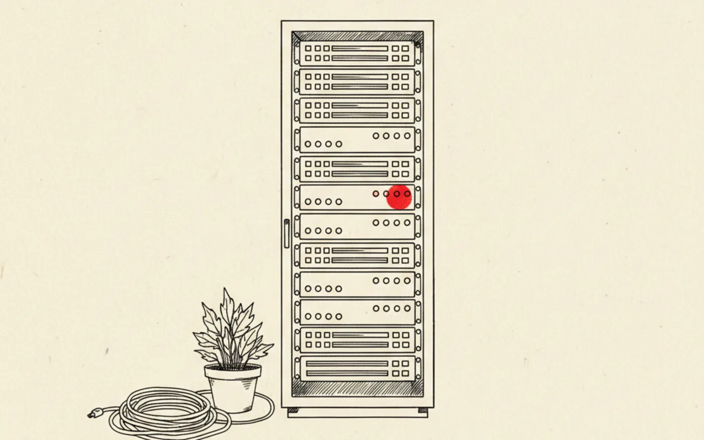 Illustration: a hand-drawn server cabinet in black ink with a single glowing signal-red indicator lamp, beside sketched cables.