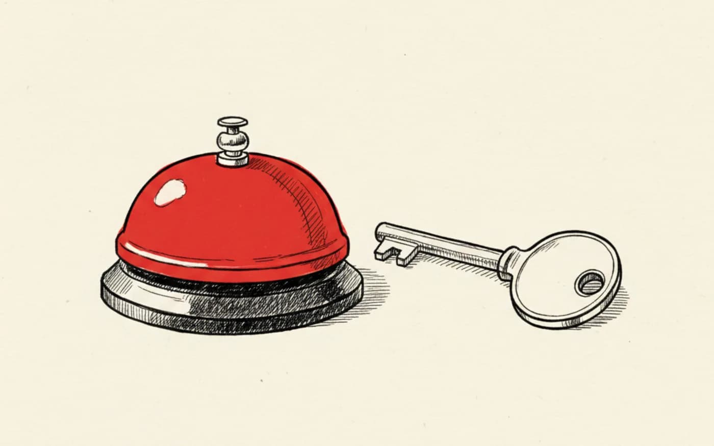 Illustration: a hand-drawn hotel reception desk bell with a signal-red dome beside an old-fashioned room key, in black ink on warm off-white paper.