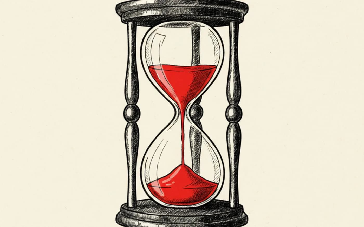 Illustration: a hand-drawn hourglass with signal-red sand running through it, in black ink on warm off-white paper.