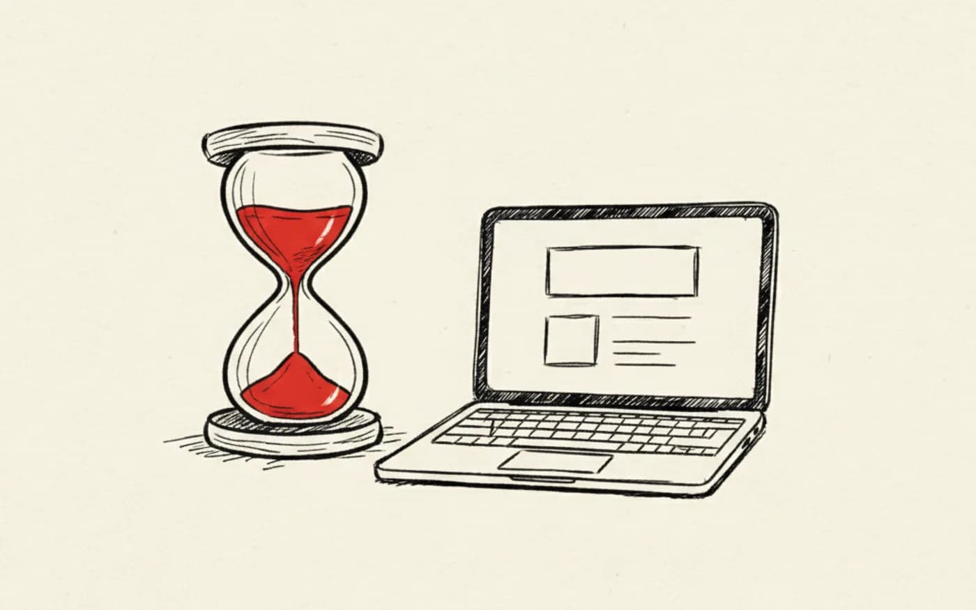 Illustration: a hand-drawn hourglass with signal-red sand beside a laptop showing a sketched wireframe layout.