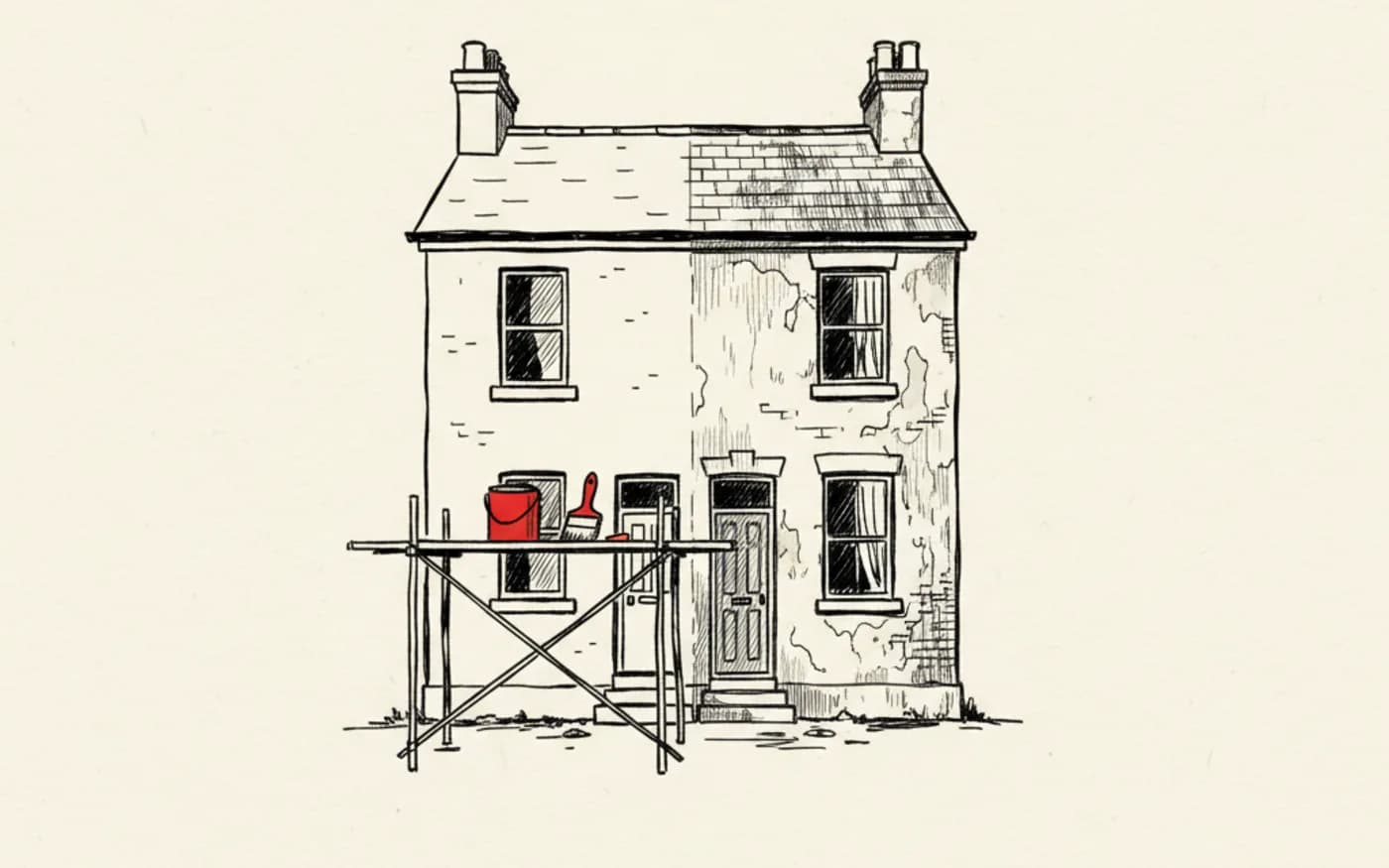 Illustration: a hand-drawn house front partly repainted from a scaffold, with a single red paint tin resting on the platform.