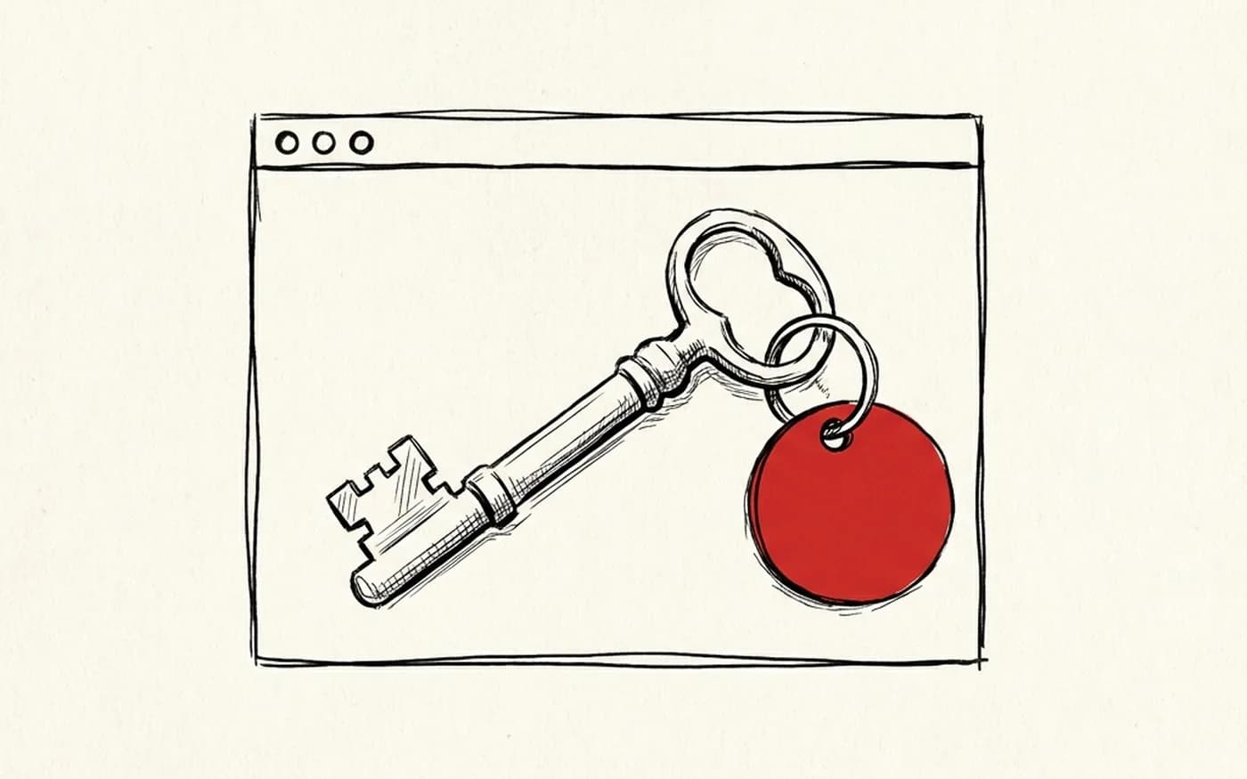 Illustration: a hand-drawn door key with a flat red round tag lying across a loosely sketched browser window, in black ink on warm off-white paper.