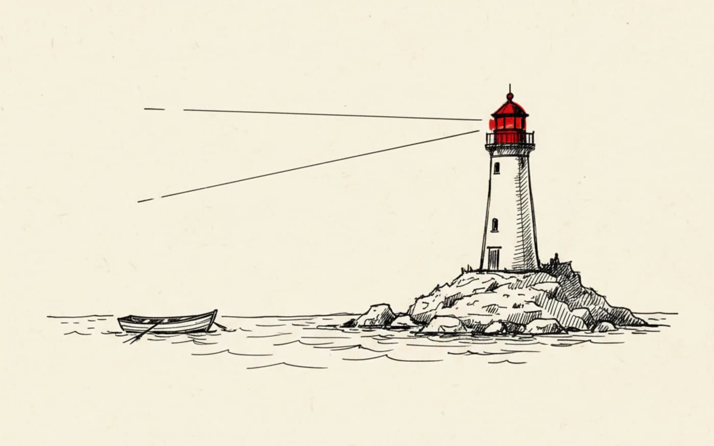 Illustration: a hand-drawn lighthouse sweeping a beam across dark water towards a small boat, the lamp glowing signal red.