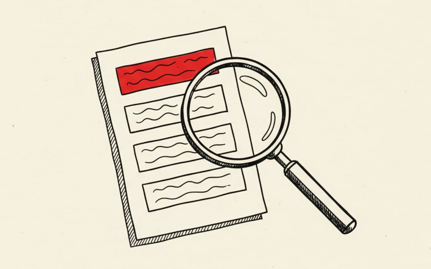 Illustration: a hand-drawn magnifying glass over a page of search results with the top result marked in signal red.