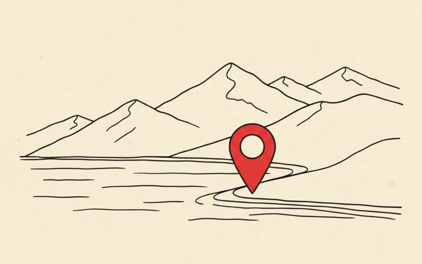 Illustration: hand-drawn ink mountains and a coastline with a single red map pin marking a spot on the coast.