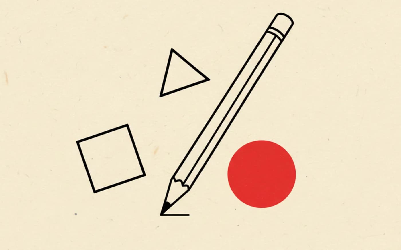 Illustration: a hand-drawn pencil sketching simple logo shapes on paper, one circle filled in signal red.