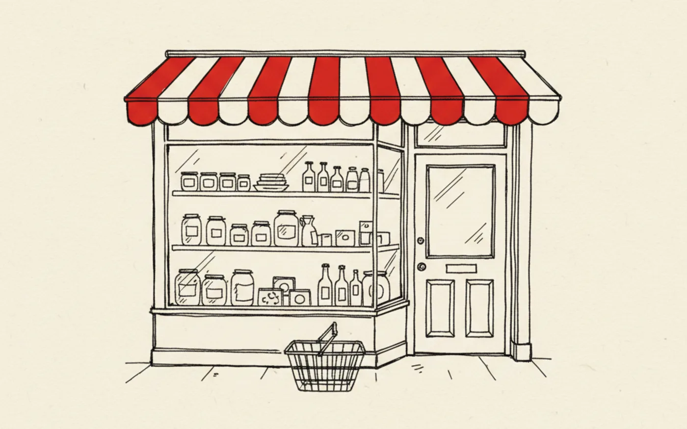 Illustration: a hand-drawn independent shopfront with a red awning, and a shopping basket standing on the pavement outside.