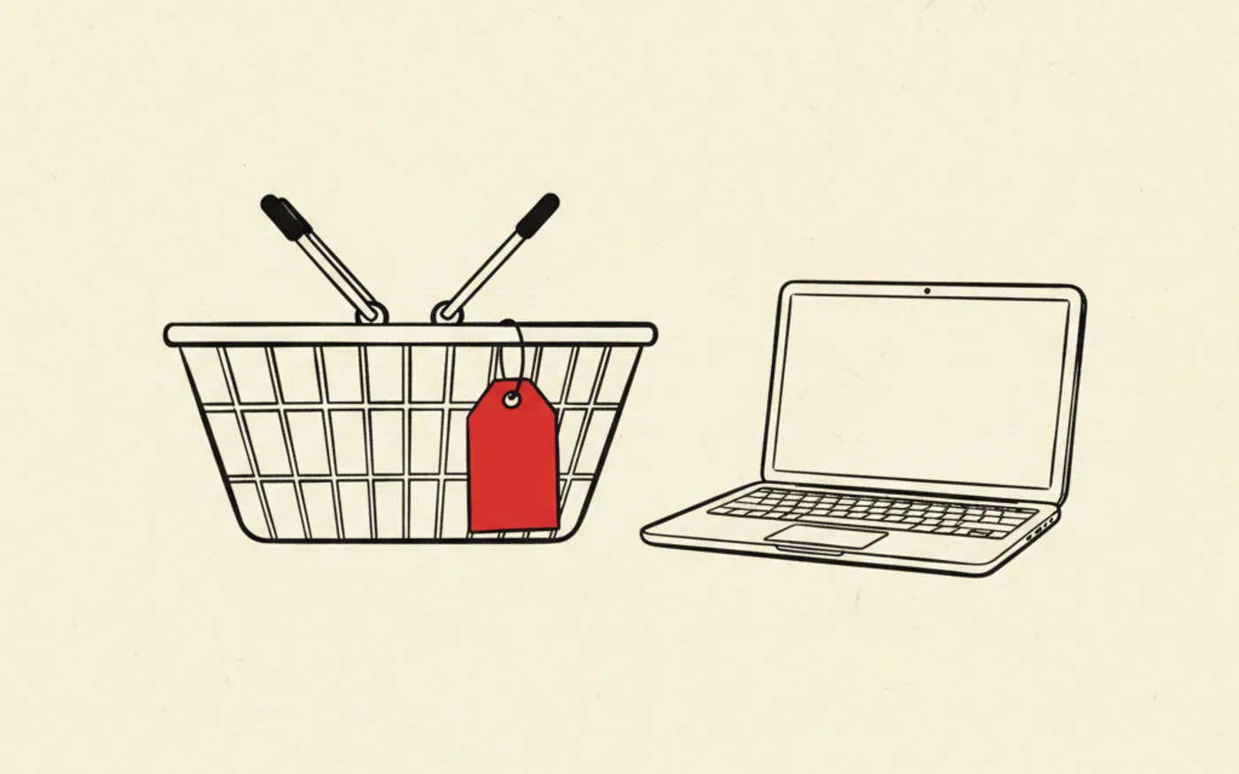 Illustration: a hand-drawn shopping basket with a red price tag beside an open laptop on paper.