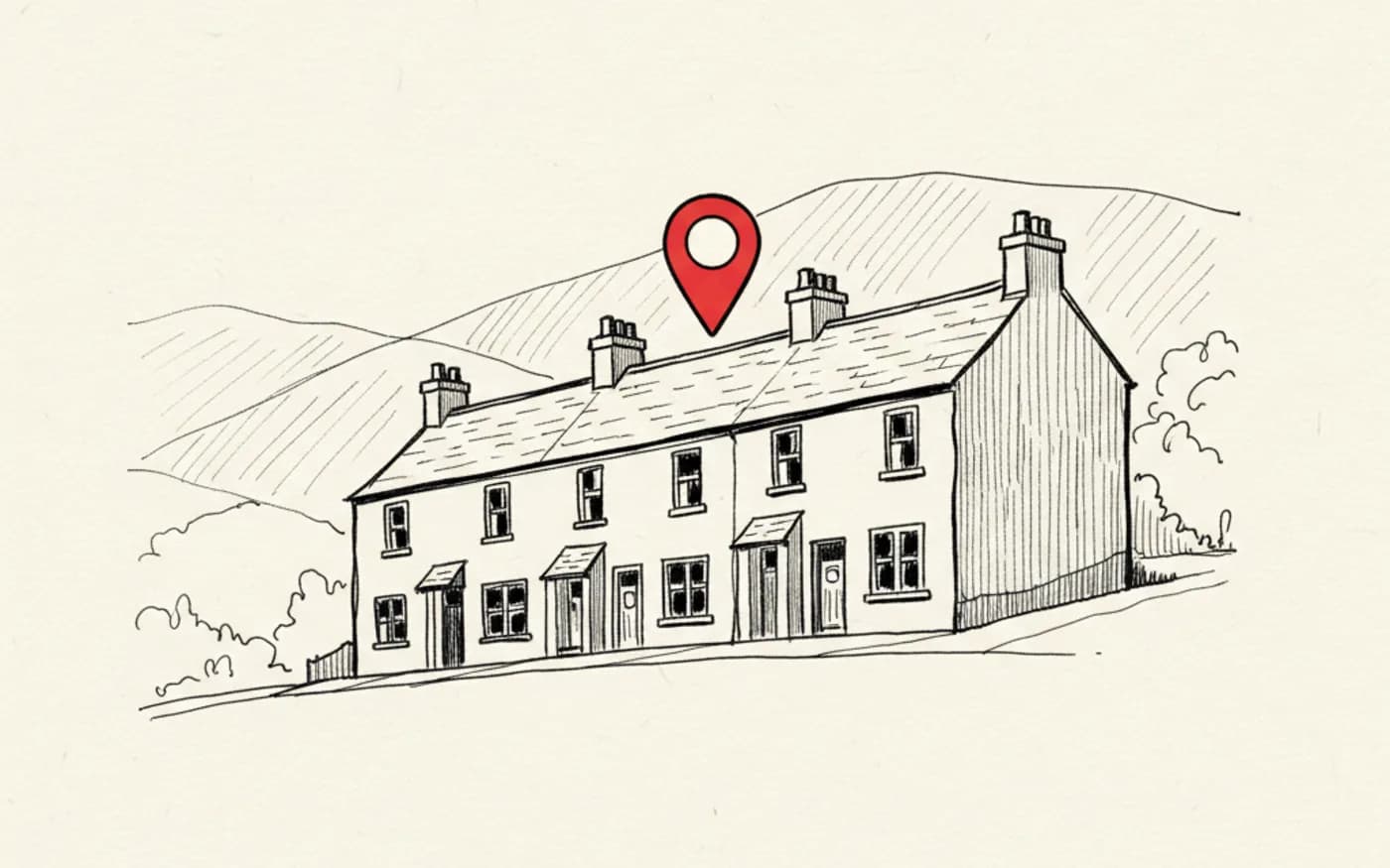 Illustration: hand-drawn ink terraced houses in a Welsh valley with hills behind and a single red map pin above one house.