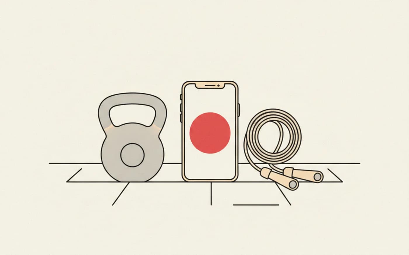 Illustration: a kettlebell and a skipping rope beside a smartphone standing upright.