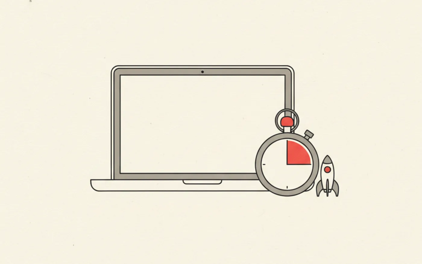 Illustration: a sleek laptop on a desk with a stopwatch and a rocket-shaped desk ornament beside it.