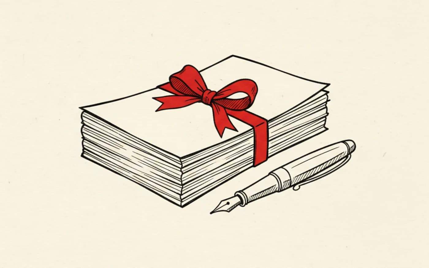 Illustration: a hand-drawn stack of legal documents tied with a signal-red ribbon beside a fountain pen, in black ink on warm off-white paper.