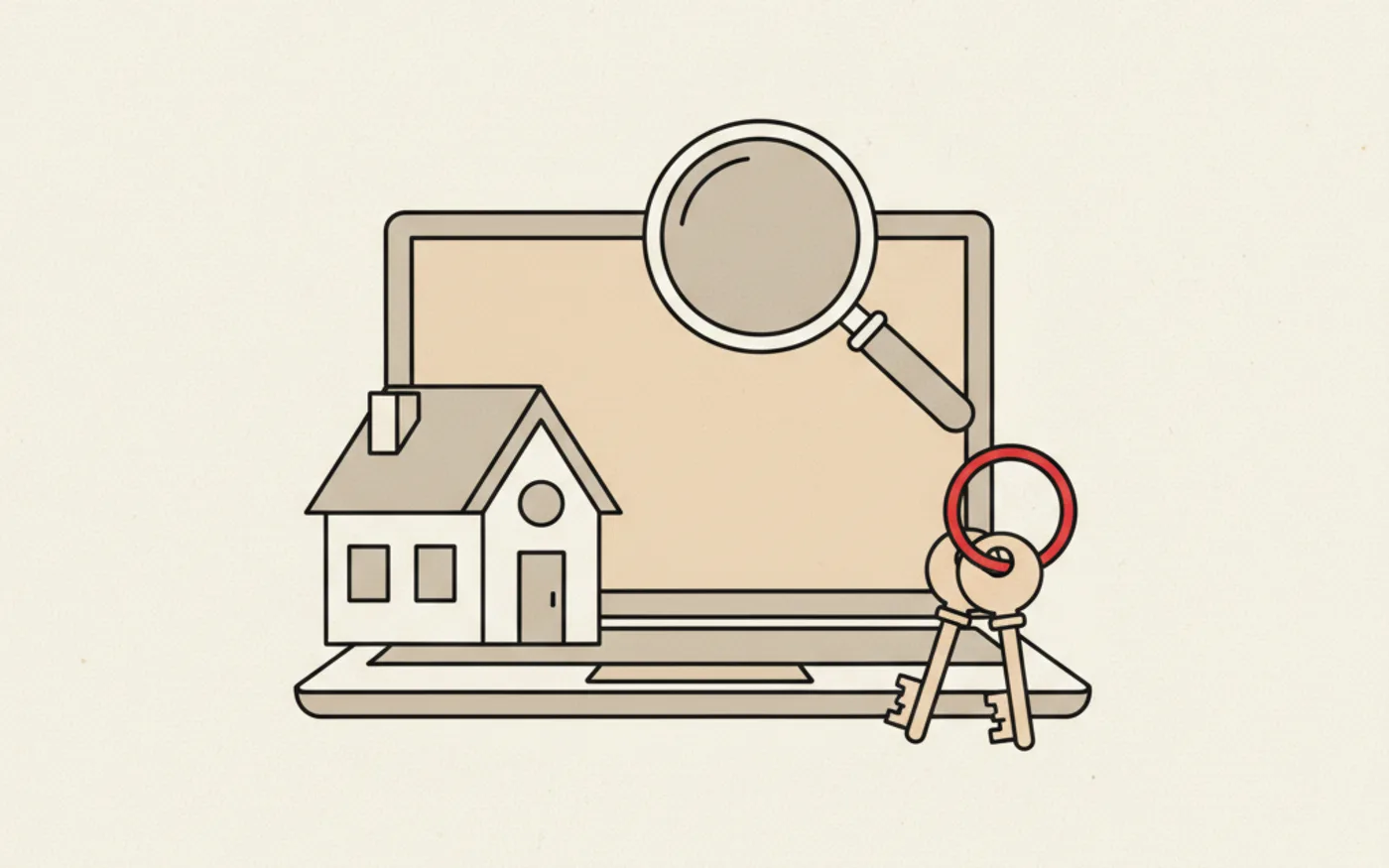 Illustration: a miniature house model, door keys and a magnifying glass arranged around an open laptop.