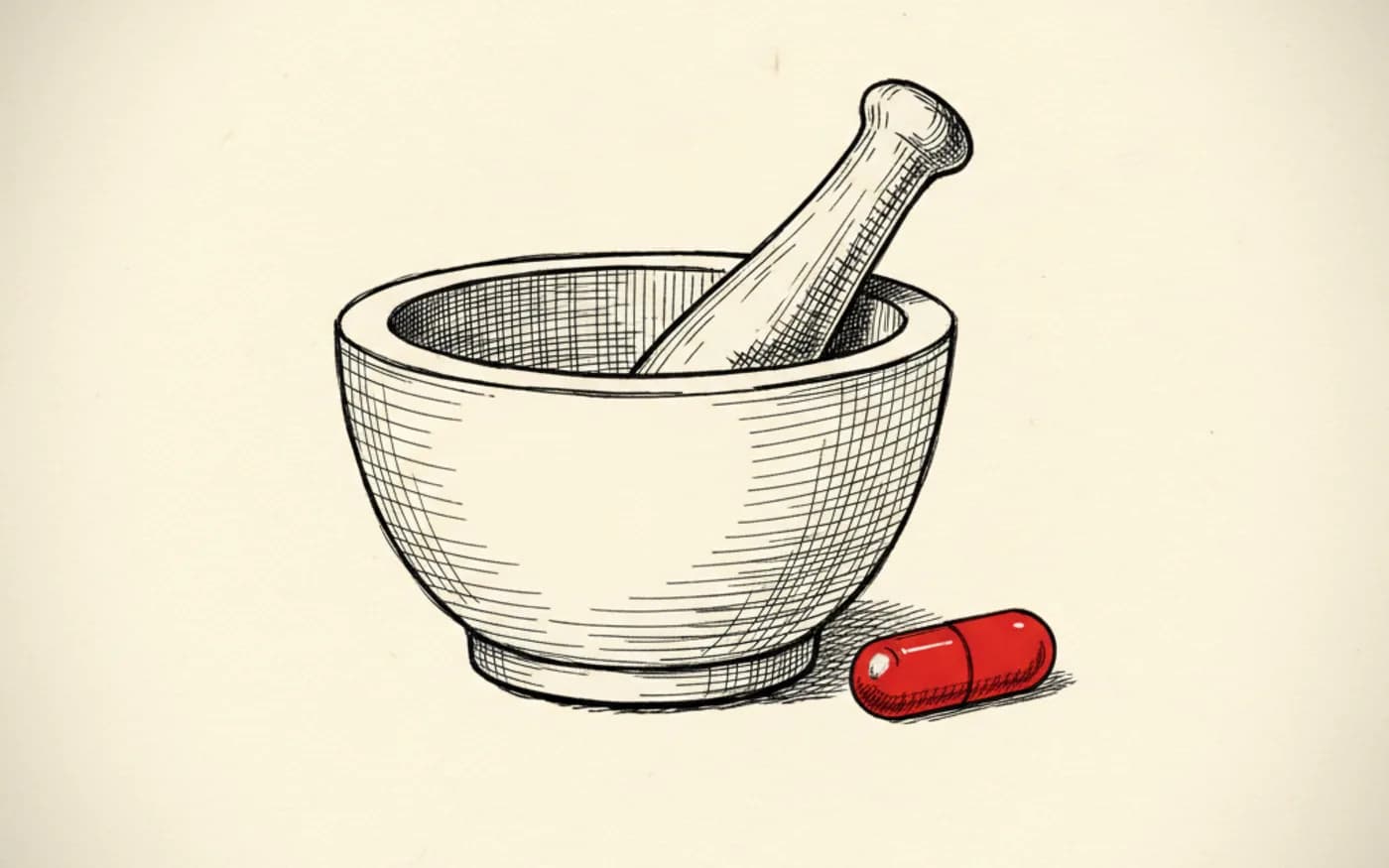 Illustration: a hand-drawn apothecary mortar and pestle in black ink with a single signal-red capsule resting beside it on warm off-white paper.