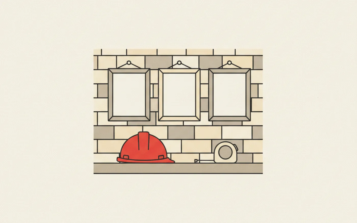 Illustration: three empty picture frames on a brick wall above a workbench holding a red hard hat and a tape measure.