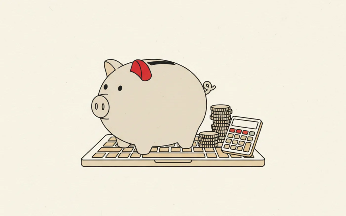 Illustration: a piggy bank sitting on a laptop keyboard beside a stack of pound coins and a calculator.