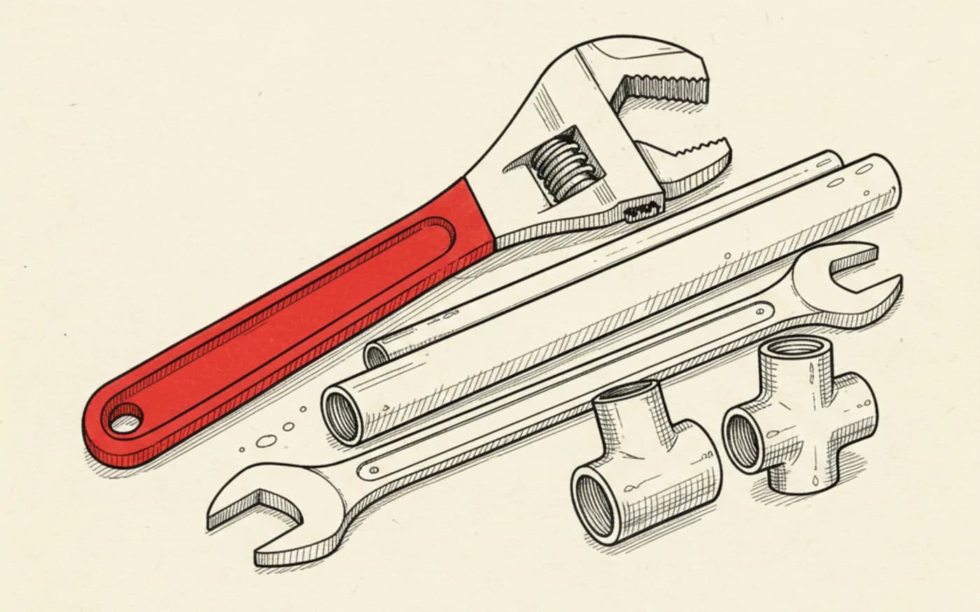 Illustration: a hand-drawn adjustable wrench with a signal-red handle beside ink-sketched pipes, tee and cross fittings and a spanner.
