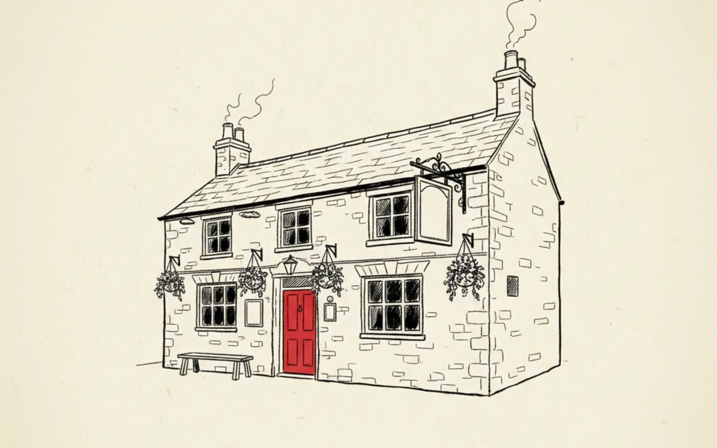 Illustration: a hand-drawn traditional pub frontage with mullioned windows and a blank hanging sign, its front door filled in signal red.