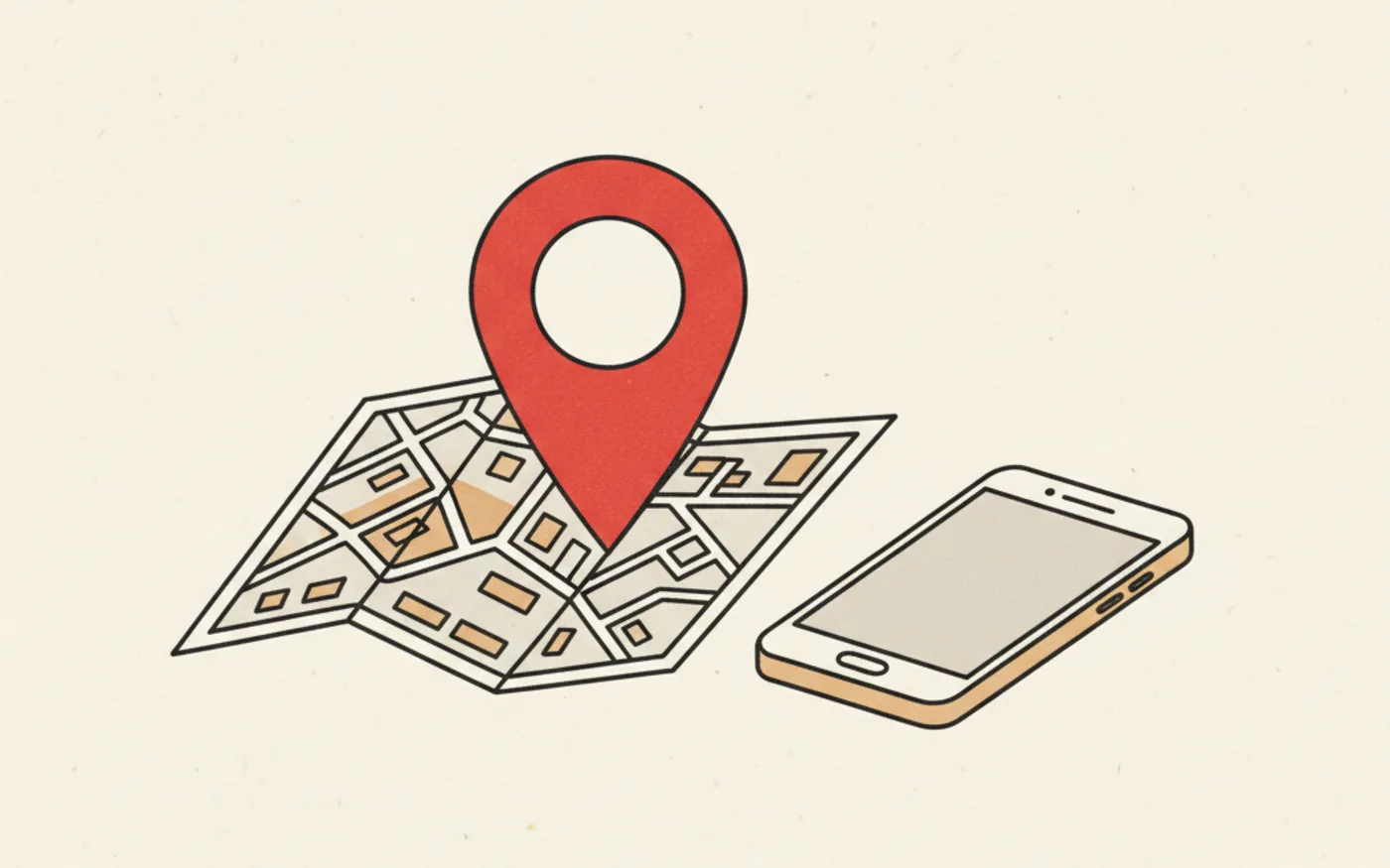 Illustration: an oversized red map pin standing upright on a folded street map beside a smartphone.