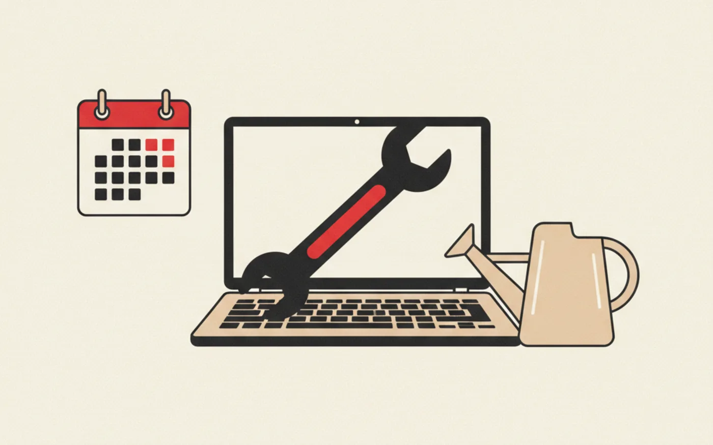 Illustration: a red spanner resting on a laptop beside a wall calendar and a watering can.