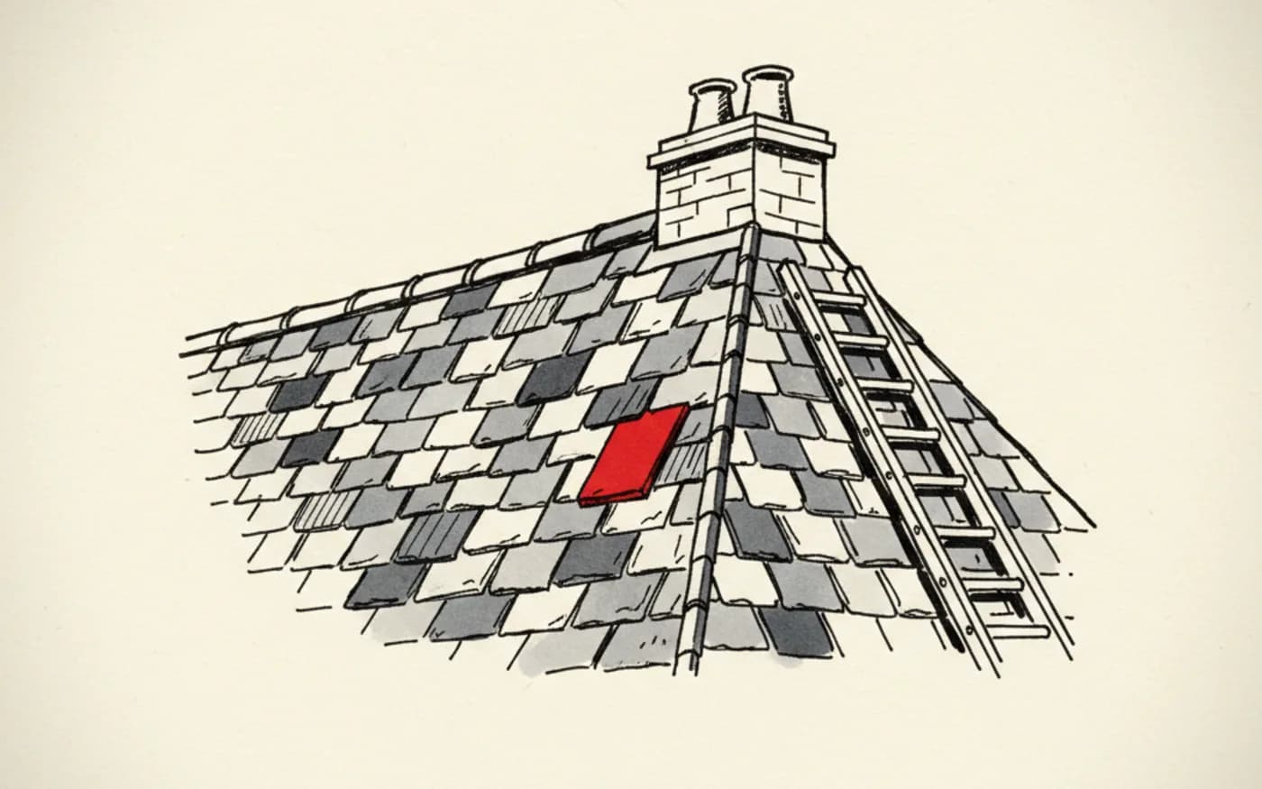 Illustration: a hand-drawn slate roof under repair with a ladder at the eaves and a single signal-red tile among the ink-sketched slates.