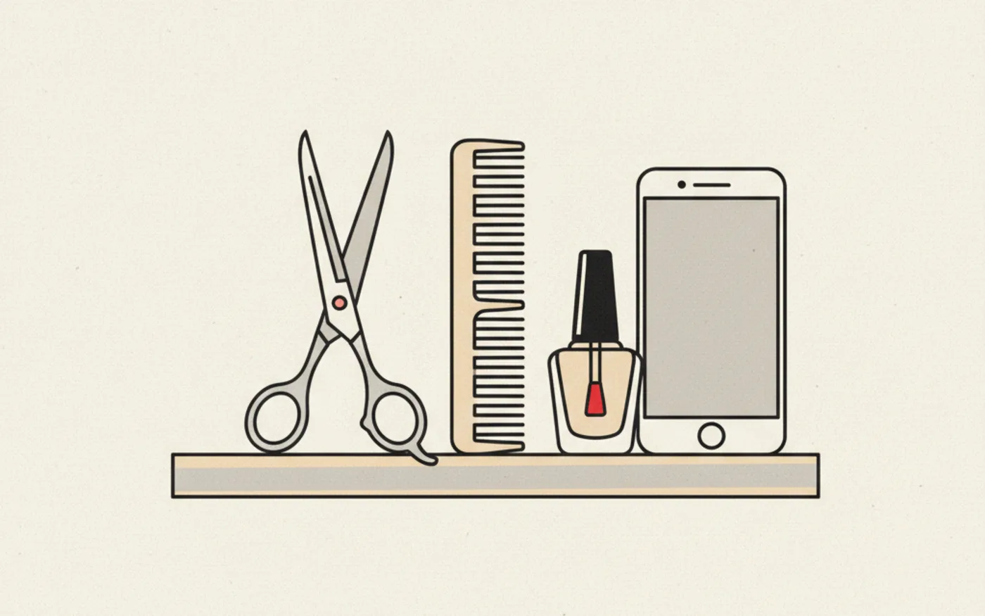 Illustration: scissors, a comb and a bottle of nail varnish beside a smartphone on a salon counter.