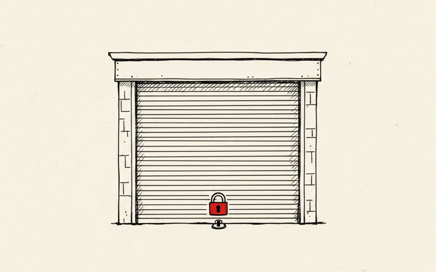Illustration: a hand-drawn closed shop roller shutter secured by a signal-red padlock, in black ink on warm off-white paper.