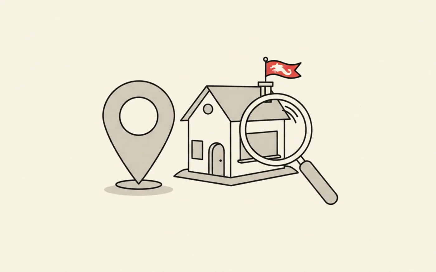 Illustration: a small shopfront flying a red dragon pennant beside an oversized map pin and a magnifying glass.