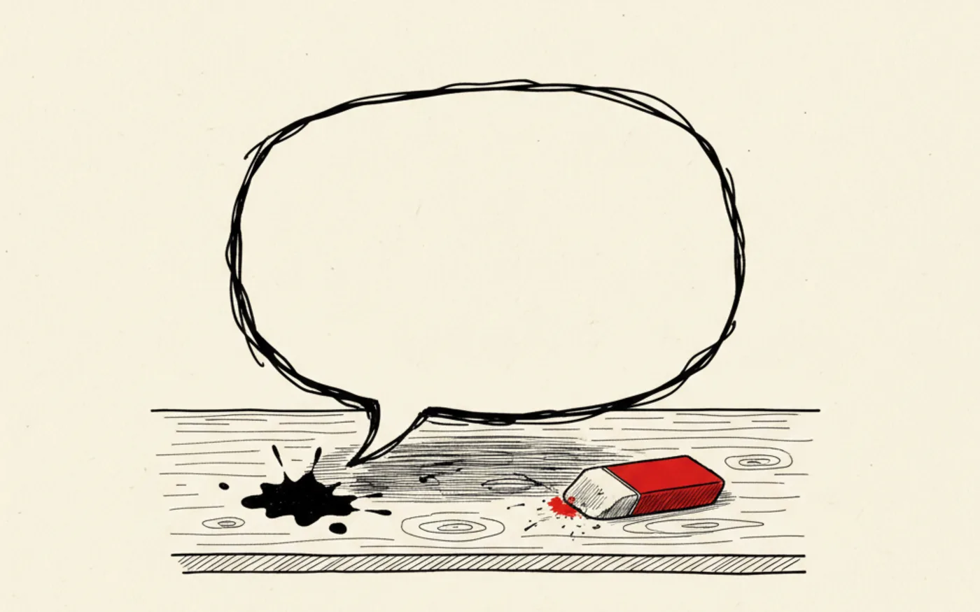 Illustration: a hand-drawn blank speech bubble above a desk where a signal-red eraser has been rubbing out an ink blot, in black ink on warm off-white paper.
