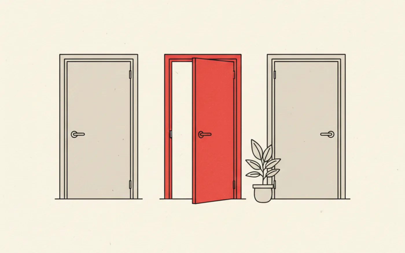 Illustration: three doors in a row with one red door slightly ajar and a potted plant beside it.
