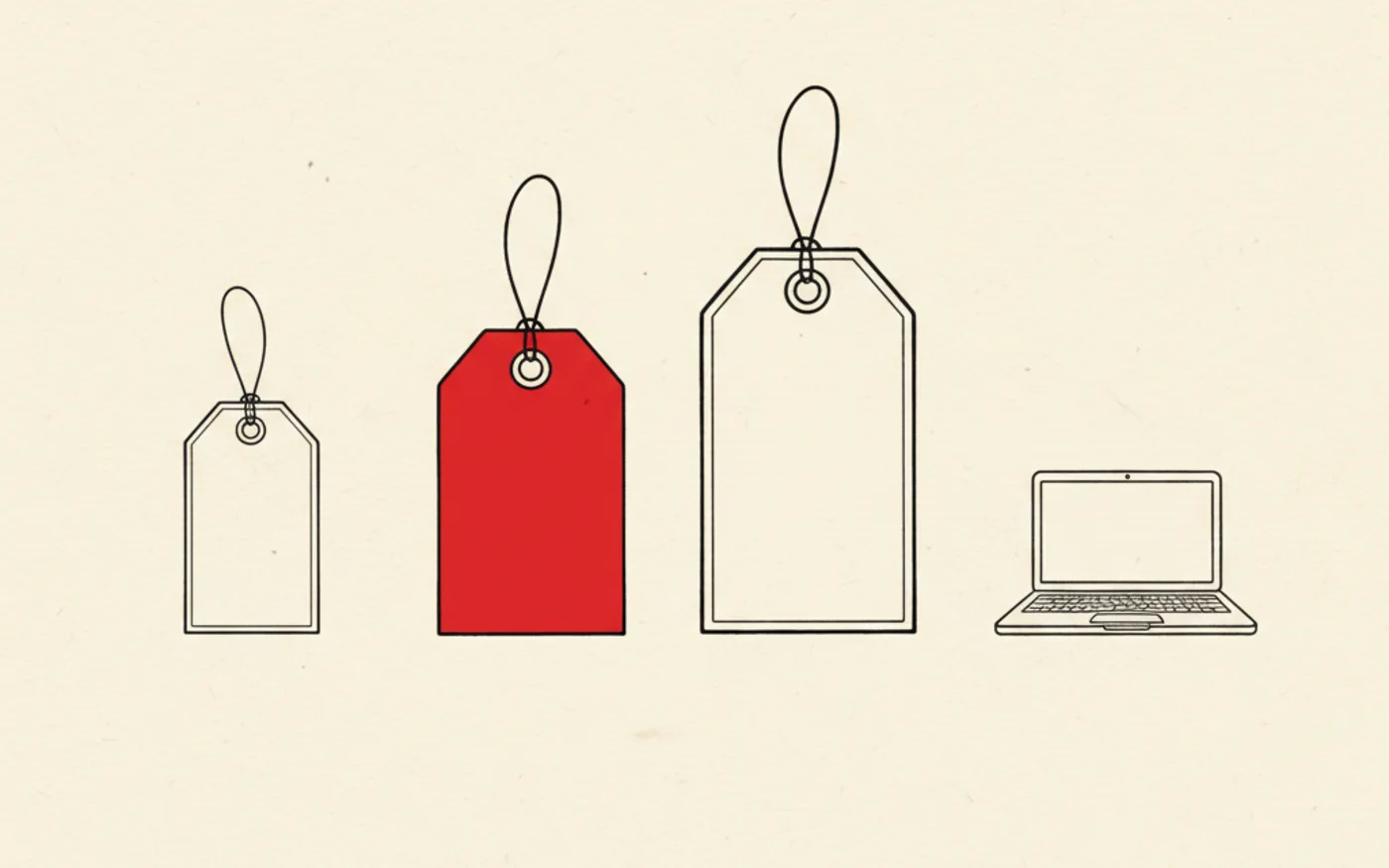 Illustration: three price tags of rising size beside a laptop, the middle tag highlighted in red.