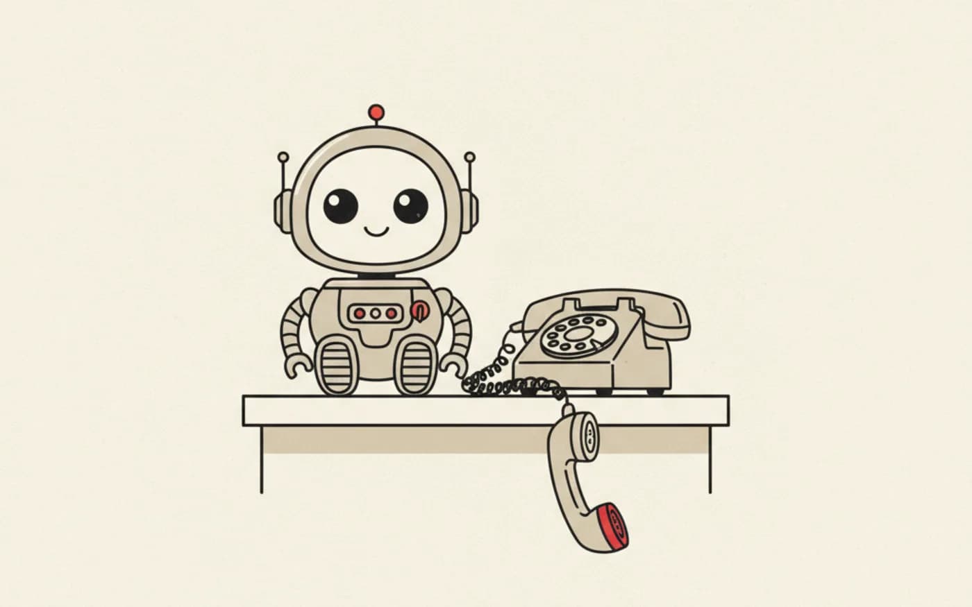 Illustration: a small toy robot perched on a shop counter next to a telephone with the receiver off the hook.