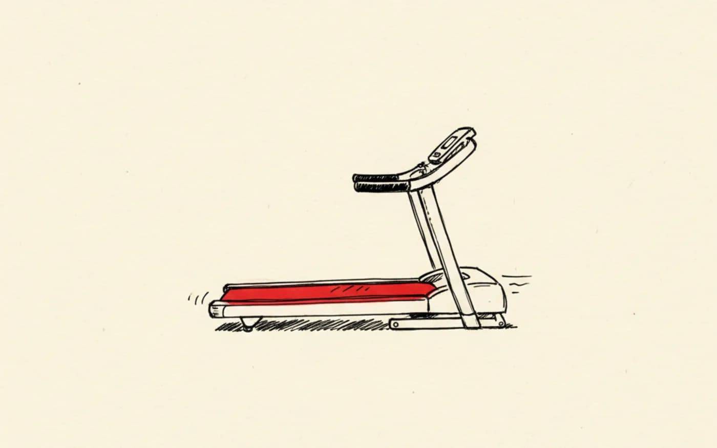 Illustration: a hand-drawn gym treadmill in black ink with its running belt filled in signal red, on warm off-white paper.
