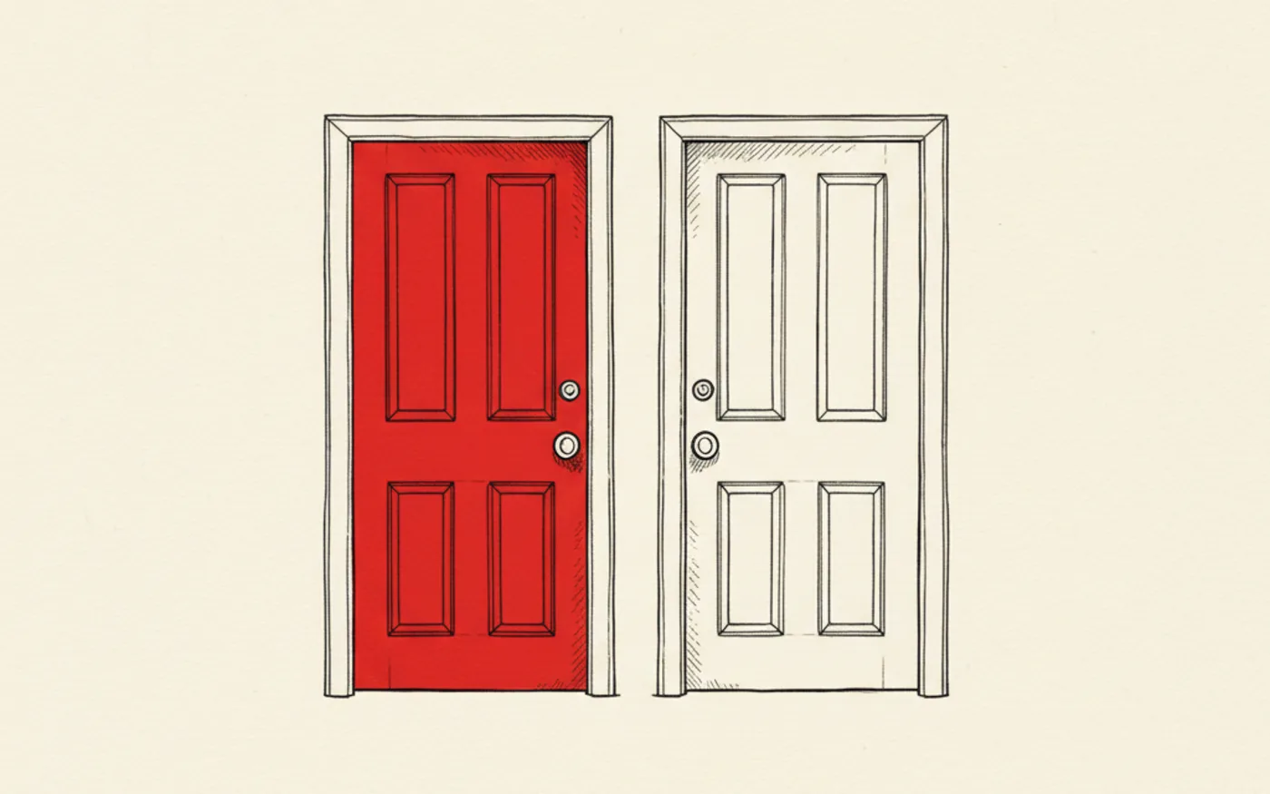 Illustration: two hand-drawn panelled doors side by side, the left one filled in signal red, in black ink on warm off-white paper.